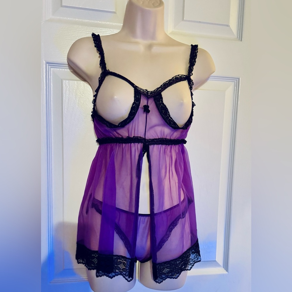 Spectacular Vintage Fredrick's of Hollywood Purple Nylon Peek-a-Boo Lingerie Set